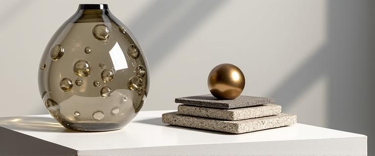 Stylish decorative items: a handcrafted glass sculpture, a small metallic orb, and natural stone coasters arranged artfully.