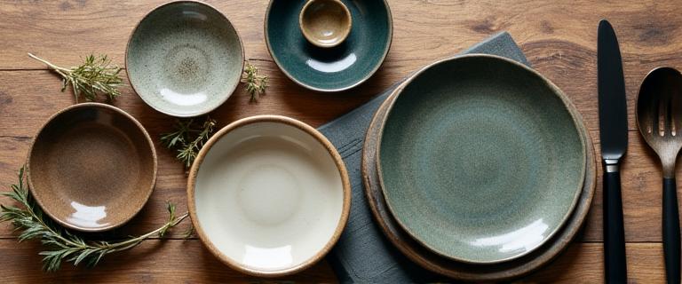Assortment of handmade ceramic plates, a wooden cutting board, and artisan cutlery laid out on a rustic kitchen table.